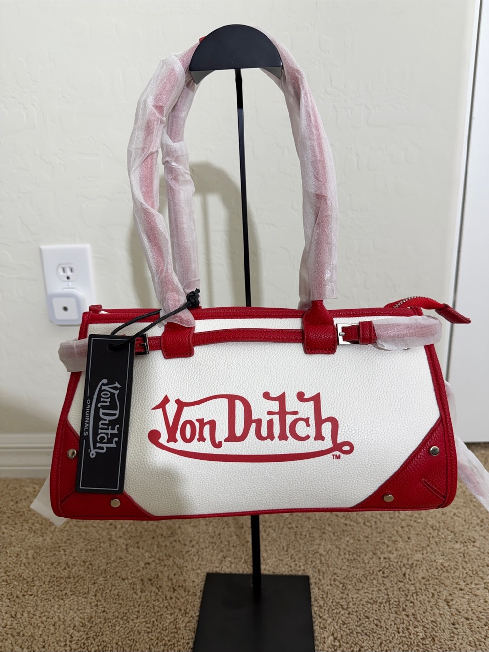 Von Dutch NWT Classic Two-Tone Vegan Leather Bowling Bag Satchel White Red